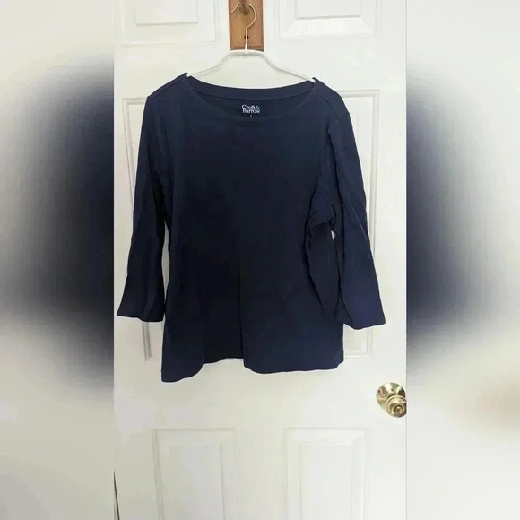 Croft And Barrow Navy Three-Quarter Sleeve Women's Top Size Large Boatneck (EUC) - Picture 2 of 11